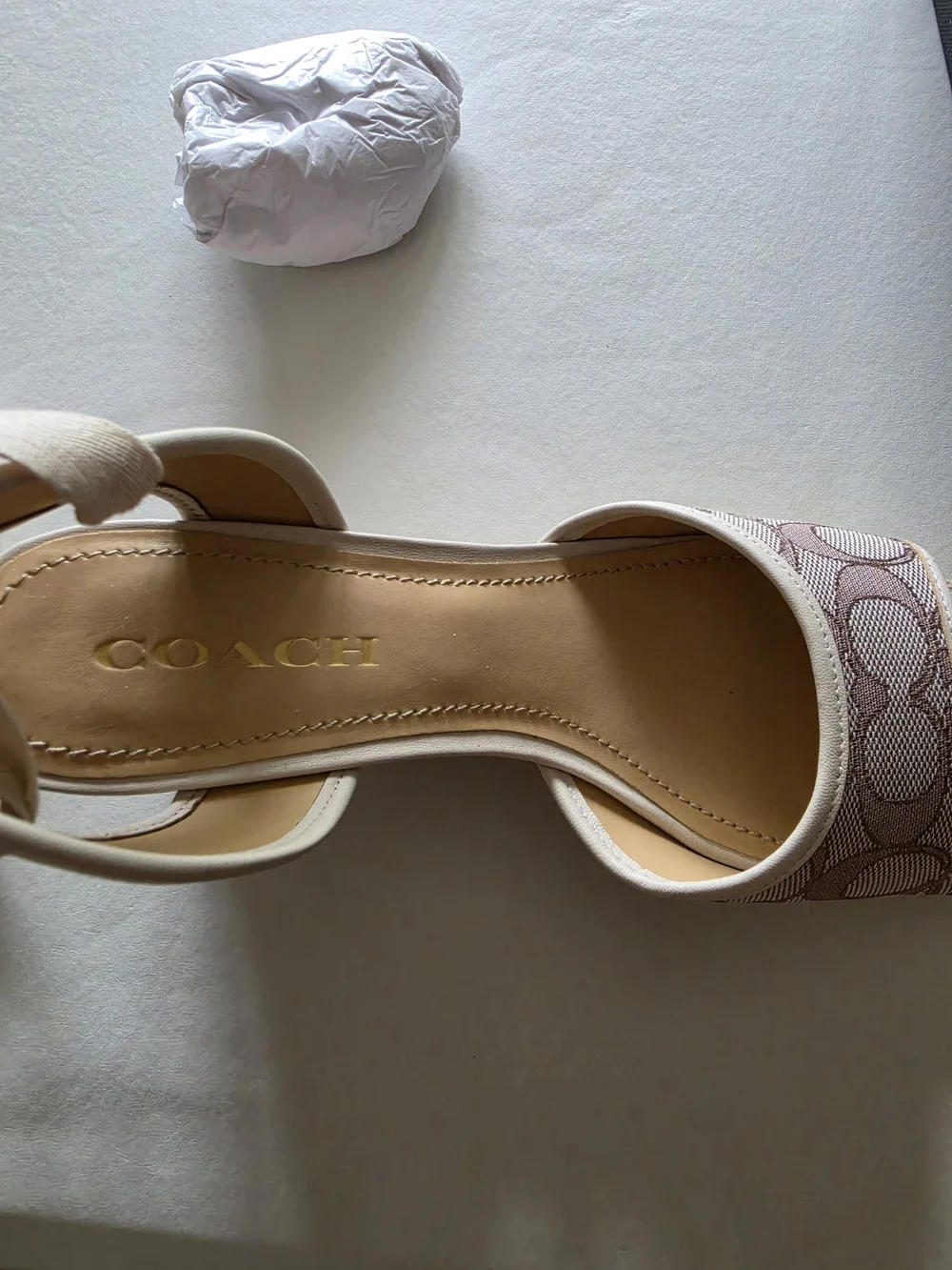 Coach Beige Canvas Signature Wedge Sandals with Ribbon Ties - Picture 5 of 6